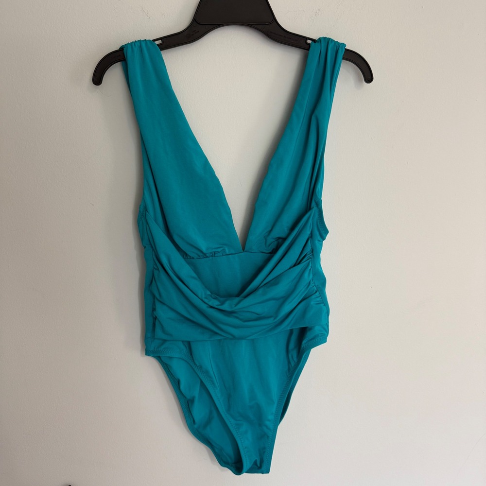 C8 Trina‎ Turk Teal Blue Ruched Deep V-Neck Wrap Front Turquoise One Piece Oye 6